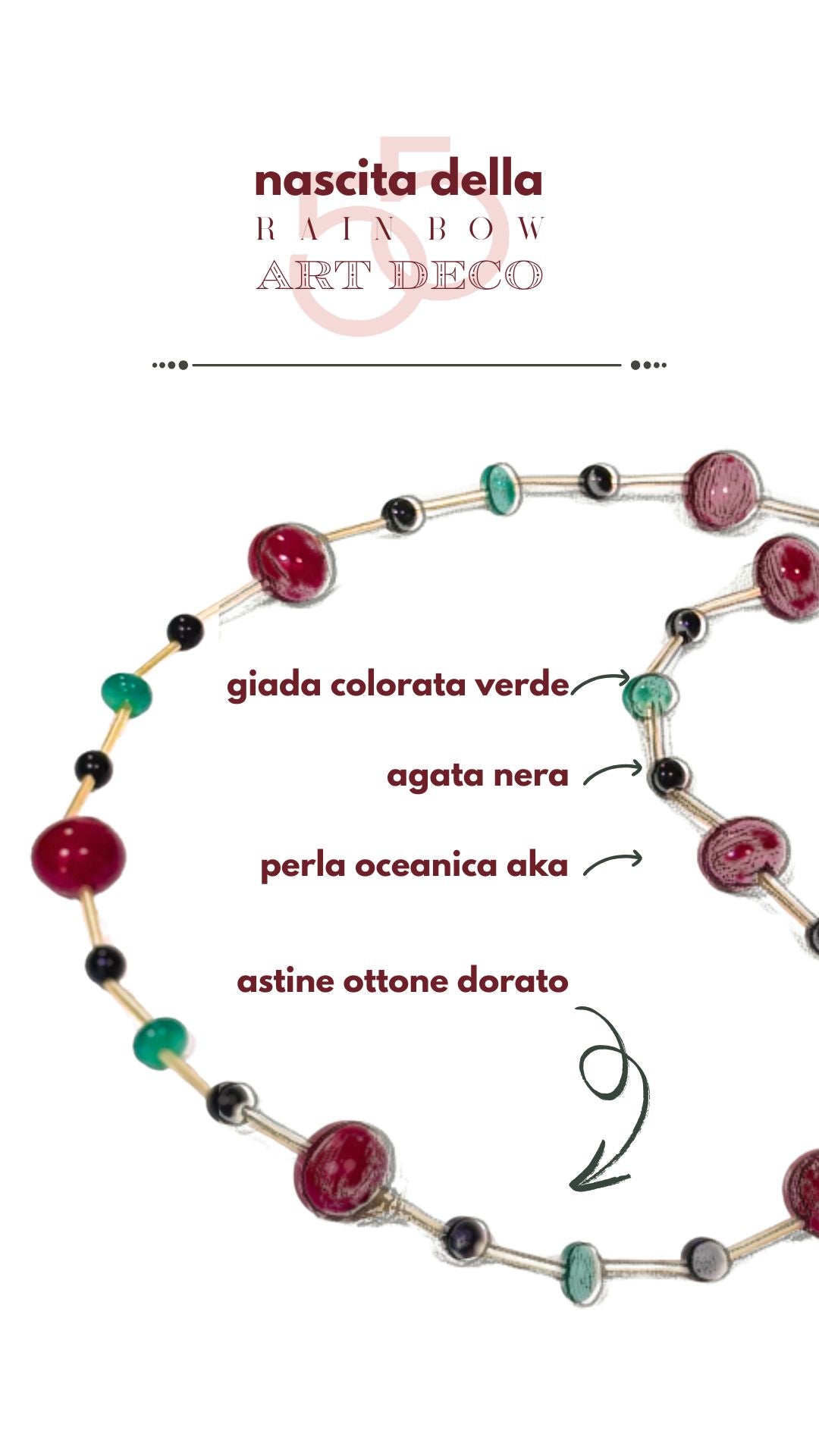 come nasce una Rainbow: il mix di colori prende forma.

Dettagli prodotto:
	•	Pietre naturali: giada colorata verde, agata nera, perle oceaniche in vetro color corallo moro
 	•	le iconiche astine in ottone dorato
	•	Lunghezza 100cm  stile regolabile per indossarla in più modi
	•	Realizzata a mano in Italia

Perfetta per chi cerca un gioiello iconico, raffinato e dal fascino senza tempo.